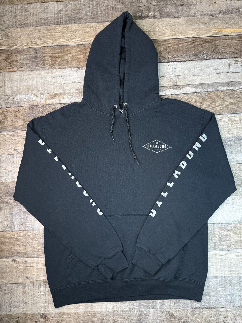 Y2K Billabong Surf Hoodie Sweatshirt Black Men M Skate Grunge Sleeve Logos